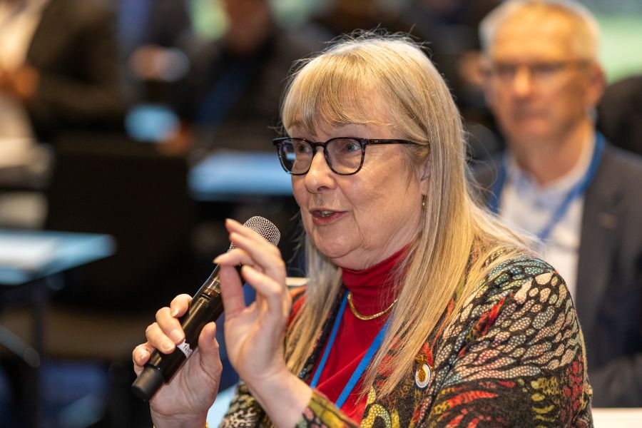 Mary Anne Stevens speaking into a microphone